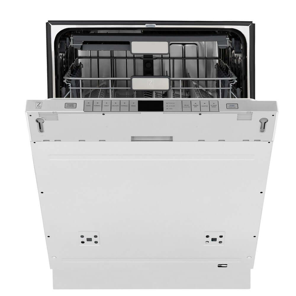 ZLINE 24 in. Monument Series 3rd Rack Top Touch Control Dishwasher in Custom Panel Ready with Stainless Steel Tub, 45dBa (DWMT-24) front, half open.