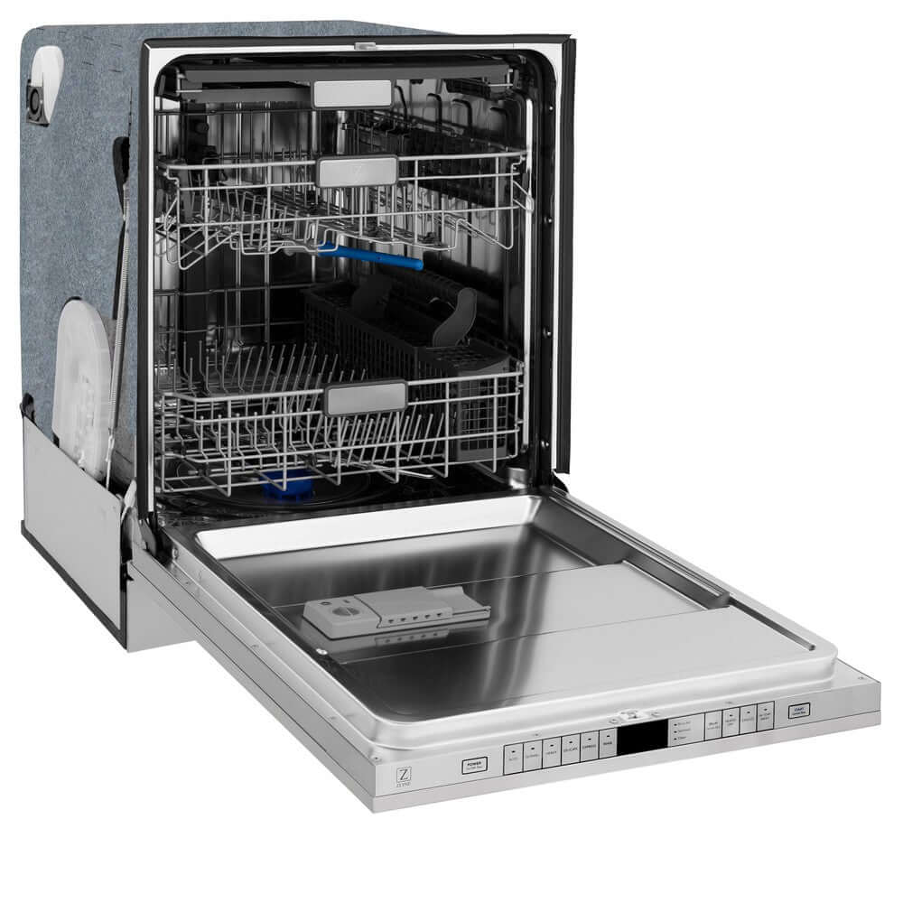 ZLINE 24 in. Monument Series 3rd Rack Top Touch Control Dishwasher in Custom Panel Ready with Stainless Steel Tub, 45dBa (DWMT-24) side, open.