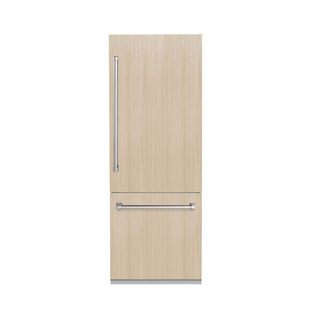 ZLINE Panel Ready Built-in Refrigerator (RBIV) with custom wood panels and metal handles for demonstration.