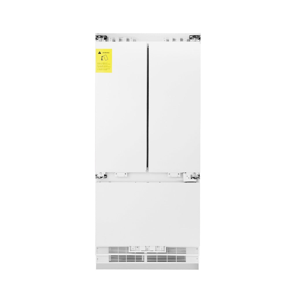 ZLINE 36 in. 19.6 cu. Ft. Panel Ready Built-In 3-Door French Door Refrigerator with Internal Water and Ice Dispenser (RBIV-36) front, closed.