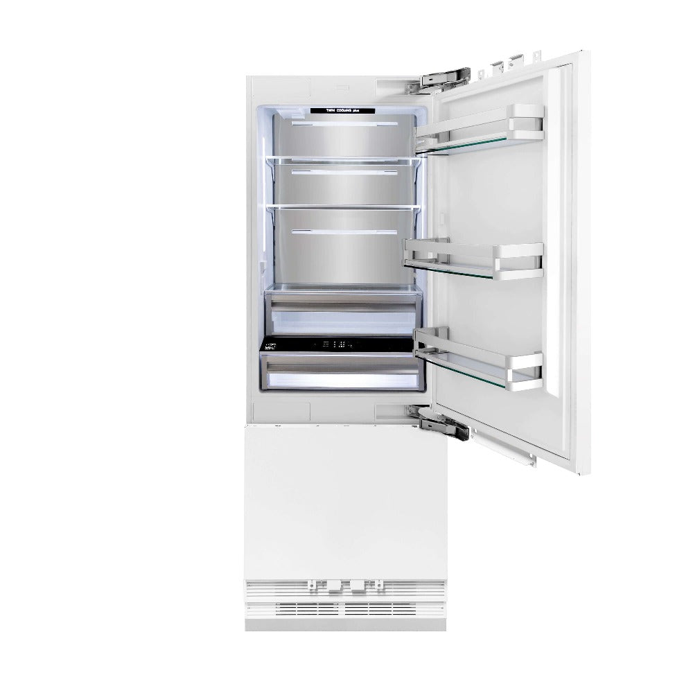 ZLINE 30 in. 16.1 cu. ft. Panel Ready Built-In 2-Door Bottom Freezer Refrigerator with Internal Water and Ice Dispenser (RBIV-30) front, open.