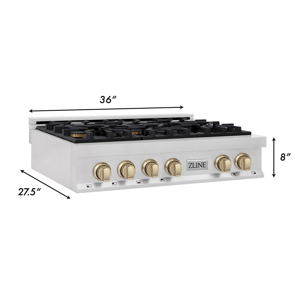 ZLINE Autograph Edition 36 in. Porcelain Rangetop with 6 Gas Burners in DuraSnow® Stainless Steel with Polished Gold Accents (RTSZ-36-G) dimensional diagram with measurements.