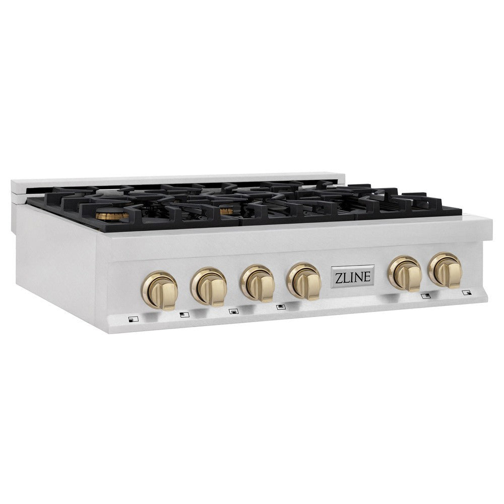 ZLINE Autograph Edition 36 in. Porcelain Rangetop with 6 Gas Burners in DuraSnow® Stainless Steel with Polished Gold Accents (RTSZ-36-G) side, oven closed.