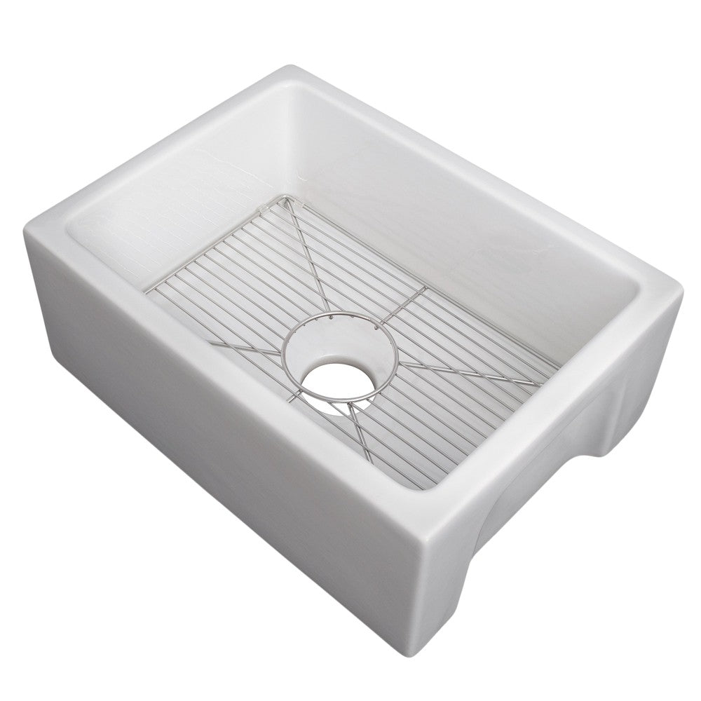 ZLINE 24 in. Venice Farmhouse Apron Front Reversible Single Bowl Fireclay Kitchen Sink with Bottom Grid (FRC5120) White Gloss