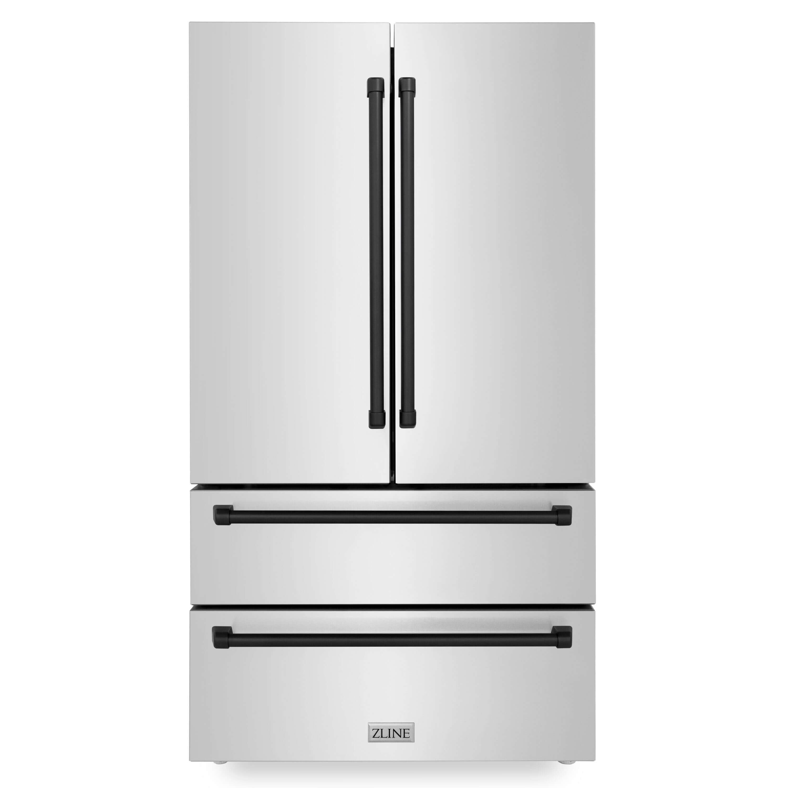 ZLINE Autograph Edition 36 in. 22.5 cu. ft Freestanding French Door Refrigerator with Ice Maker in Fingerprint Resistant Stainless Steel with Matte Black Accents (RFMZ-36-MB) front, closed.