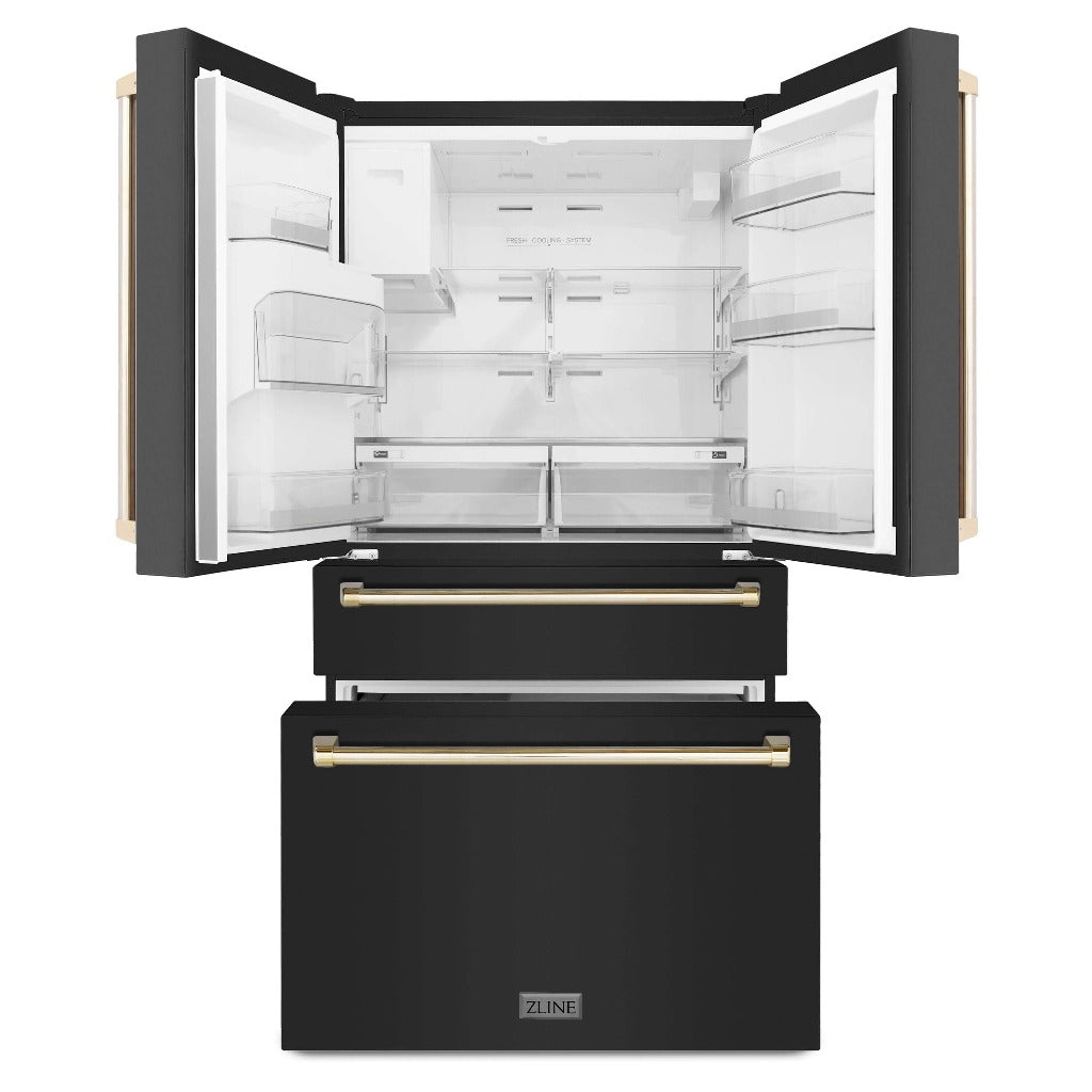 ZLINE Autograph Edition 36 in. 21.6 cu. ft Freestanding French Door Refrigerator with Water and Ice Dispenser in Fingerprint Resistant Black Stainless Steel with Polished Gold Accents (RFMZ-W-36-BS-G) front, refrigeration compartment and bottom freezers open.
