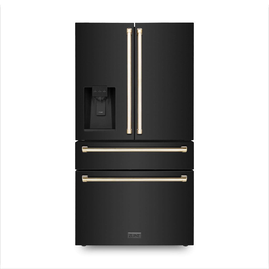 ZLINE 36 in. Autograph Edition Black Stainless Steel French Door Refrigerator with external water and ice dispenser with Polished Gold handles front.