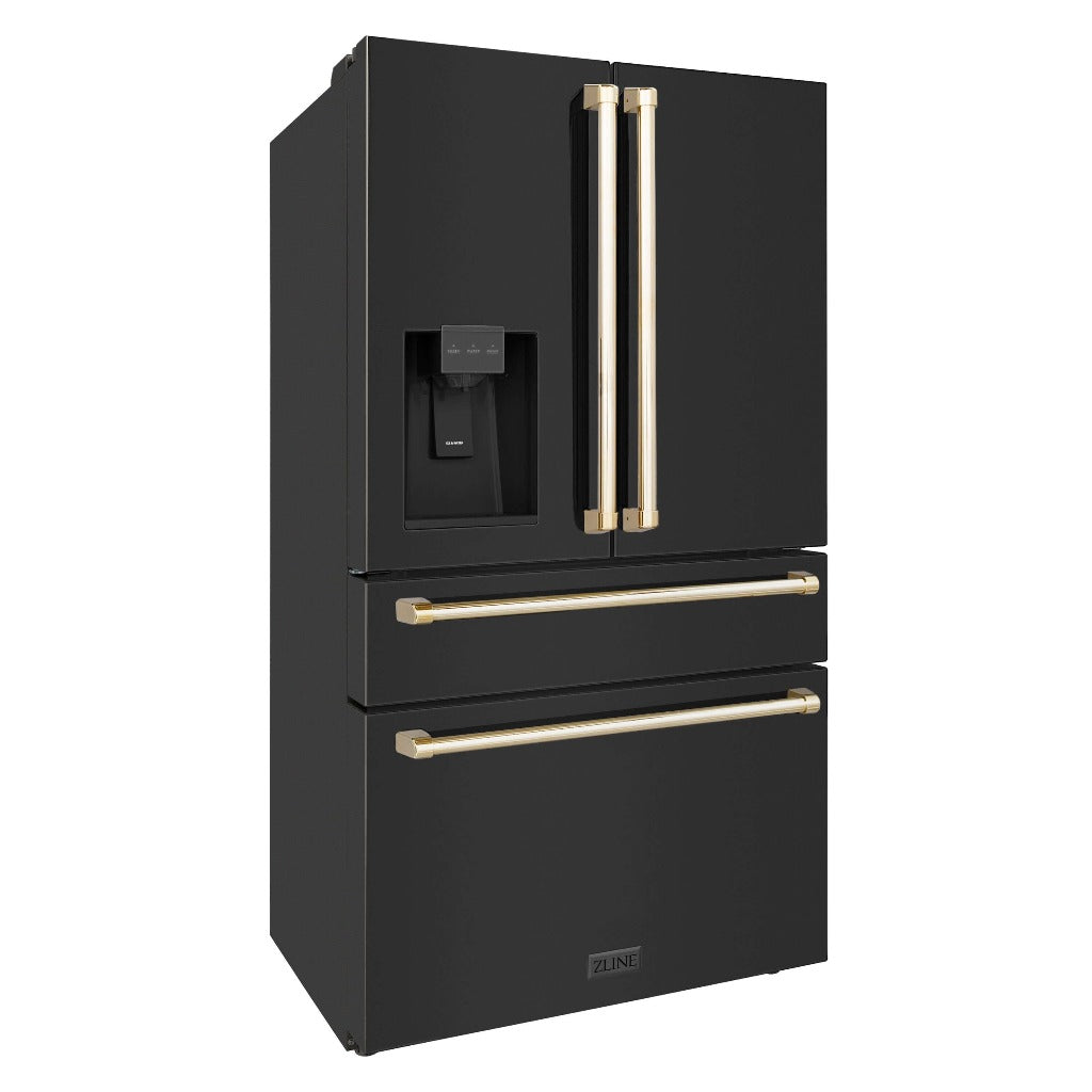ZLINE Autograph Edition 36 in. 21.6 cu. ft Freestanding French Door Refrigerator with Water and Ice Dispenser in Fingerprint Resistant Black Stainless Steel with Polished Gold Accents (RFMZ-W-36-BS-G) side, closed.