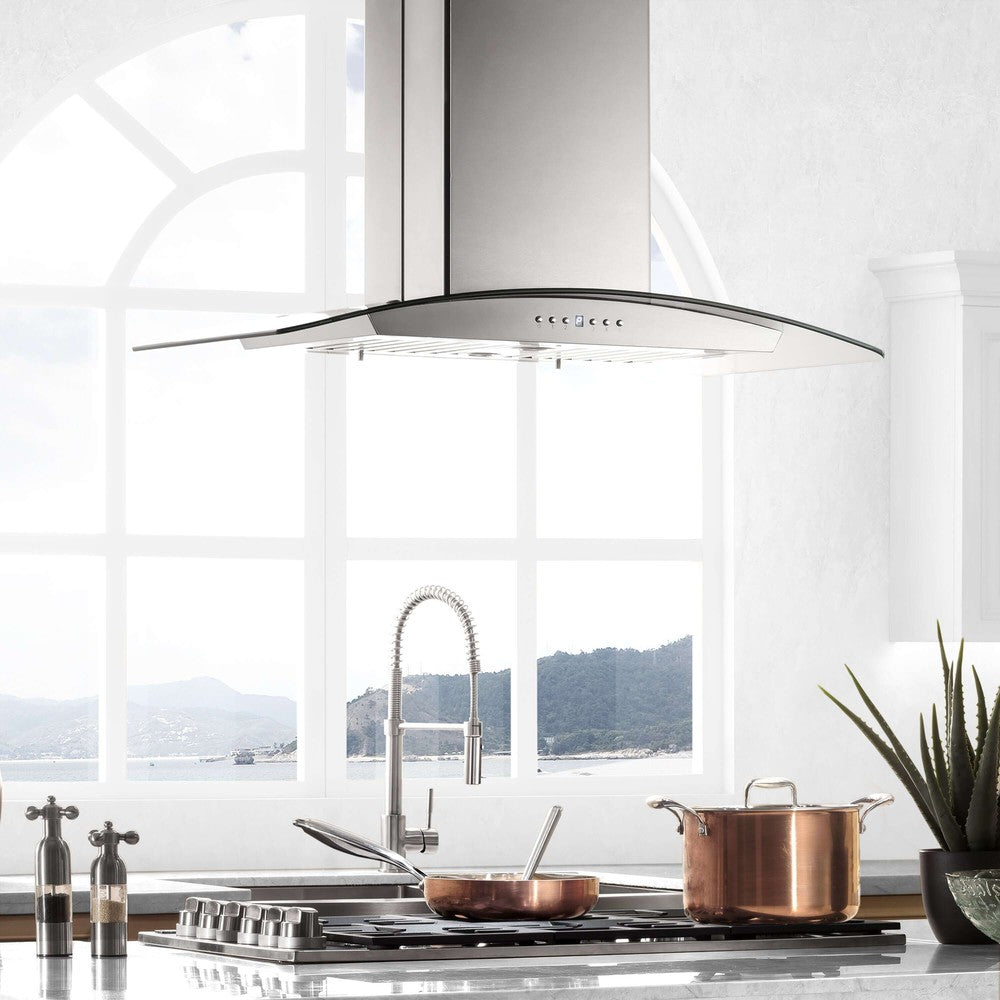 ZLINE Island Mount Range Hood in Stainless Steel & Glass (GL5i) above a cooktop in a kitchen.