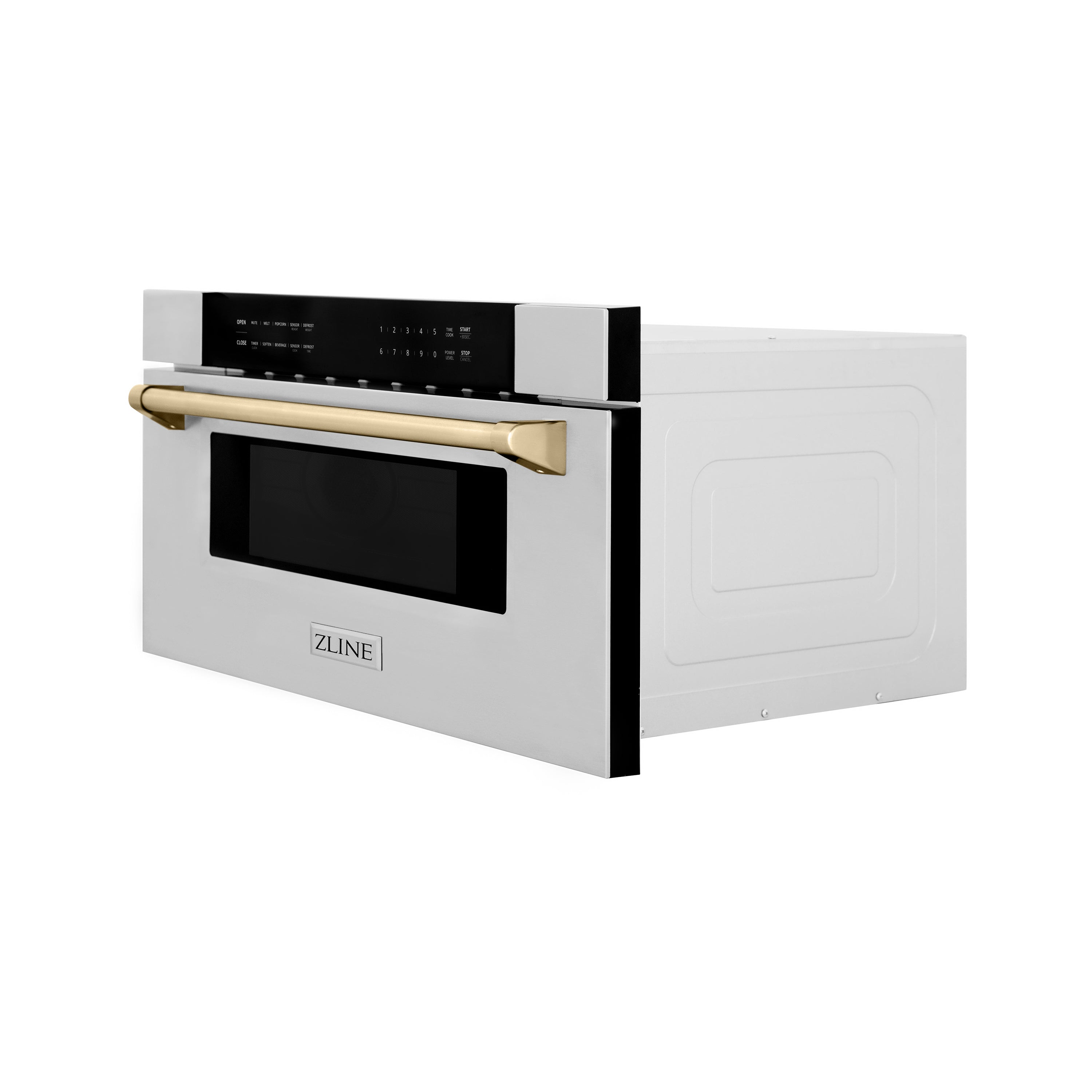 ZLINE Autograph Edition 30 in. 1.2 cu. ft. Built-In Microwave Drawer in Stainless Steel with Gold Accents (MWDZ-30-G) Side View Drawer Closed