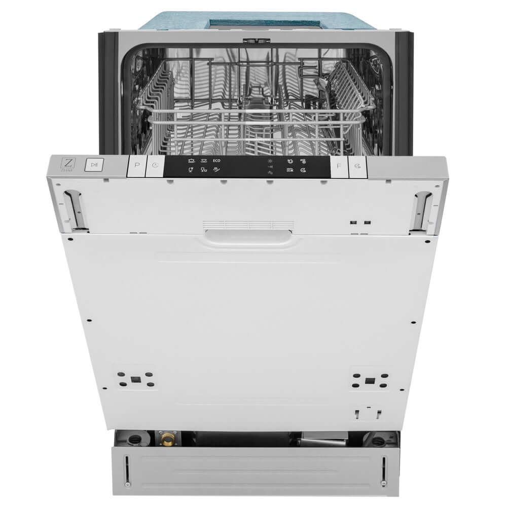 ZLINE 18 in. Compact Panel Ready Top Control Built-In Dishwasher with Stainless Steel Tub, 52dBa (DW7714-18) front, half open.