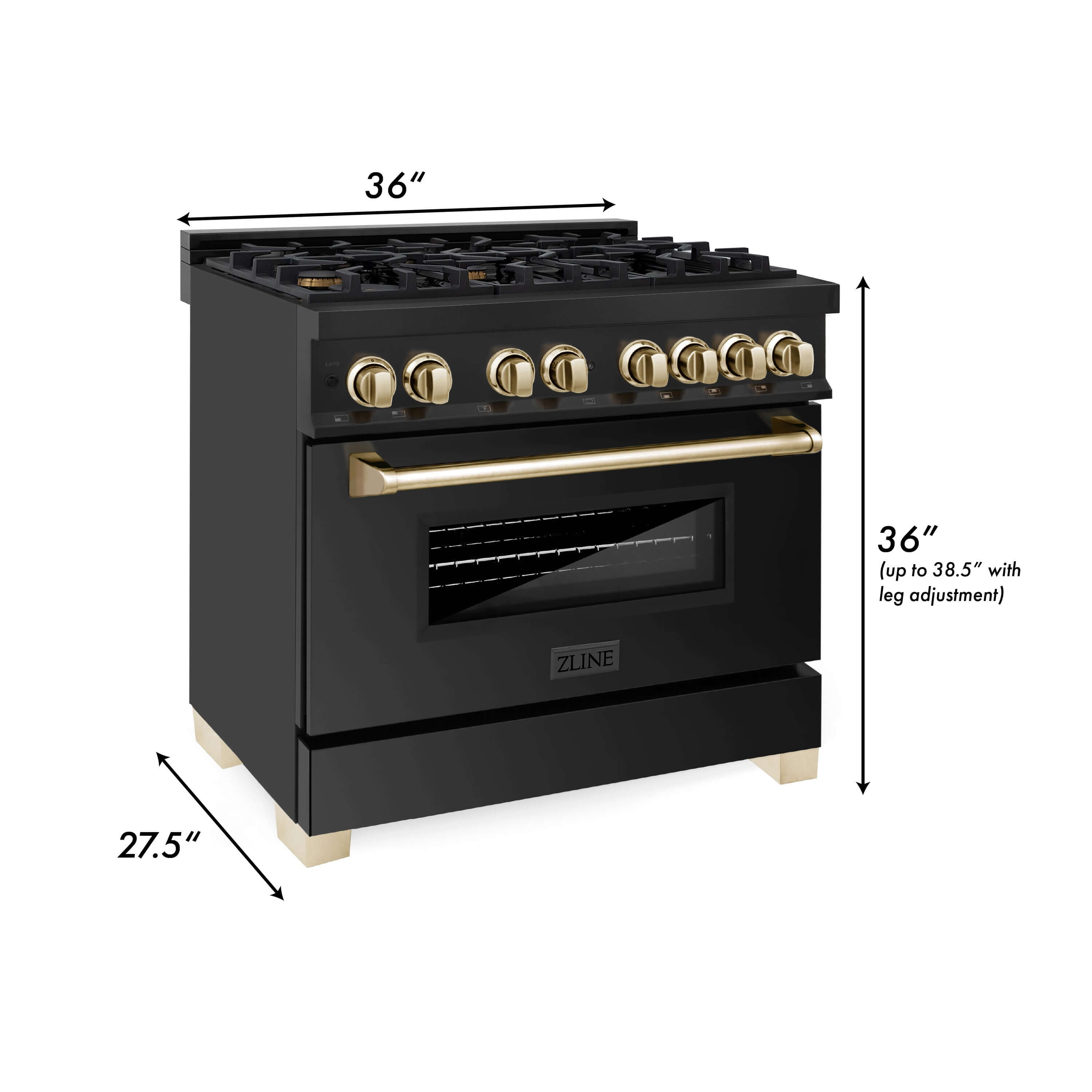ZLINE Autograph Edition 36 in. Kitchen Package with Black Stainless Steel Dual Fuel Range, Range Hood, Dishwasher and Refrigeration with Champagne Bronze Accents (4AKPR-RABRHDWV36-CB) dimensional diagram with measurements.