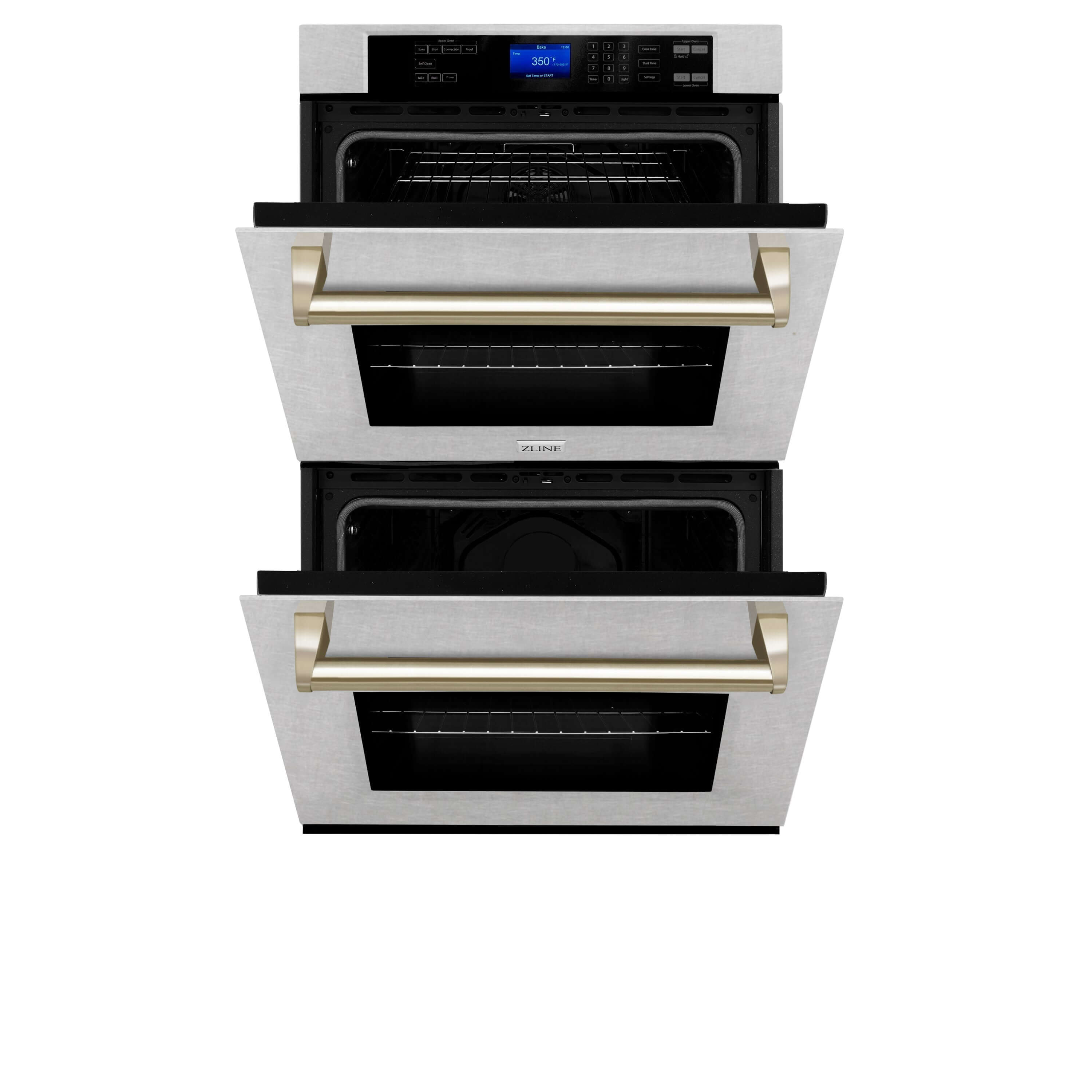 ZLINE Autograph Edition 30 in. Electric Double Wall Oven with Self Clean and True Convection in DuraSnow® Stainless Steel and Polished Gold Accents (AWDSZ-30-G) front, oven half open.