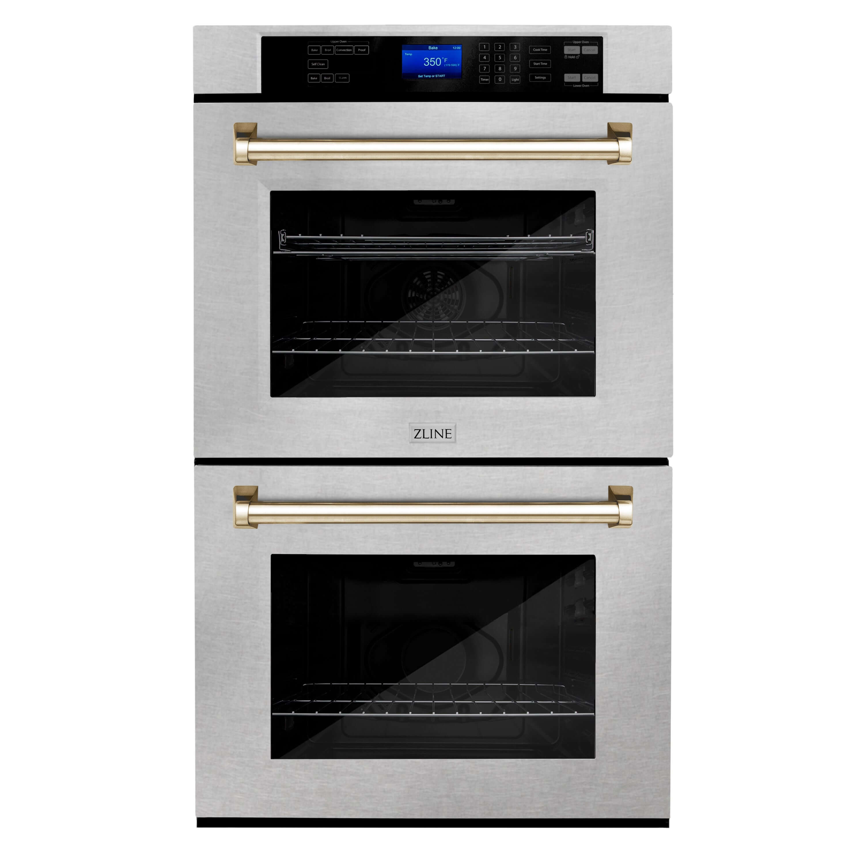 ZLINE Autograph Edition 30 in. Electric Double Wall Oven with Self Clean and True Convection in DuraSnow® Stainless Steel and Polished Gold Accents (AWDSZ-30-G) front, oven closed.