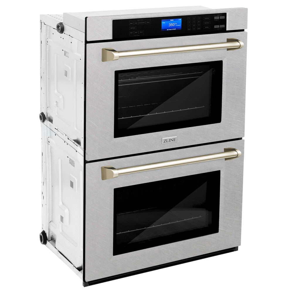ZLINE Autograph Edition 30 in. Electric Double Wall Oven with Self Clean and True Convection in DuraSnow® Stainless Steel and Polished Gold Accents (AWDSZ-30-G) side, oven closed.