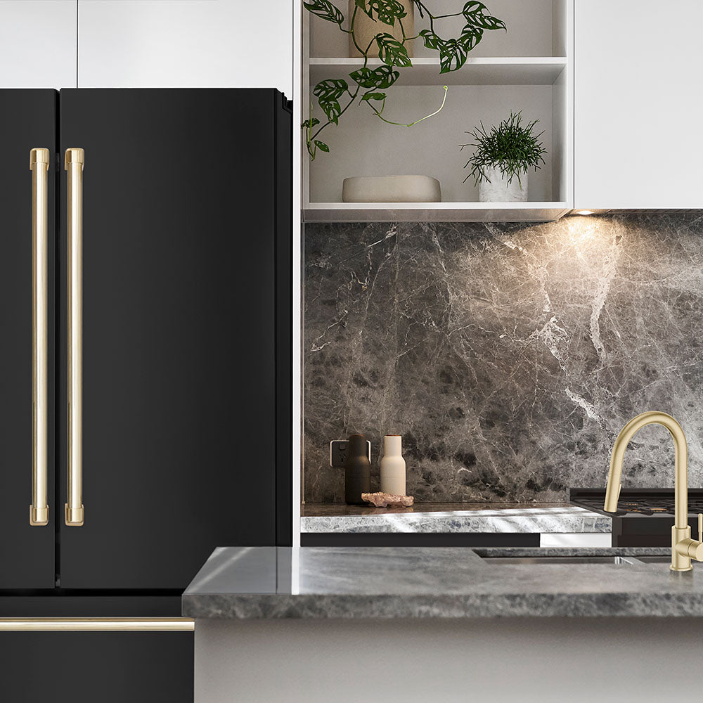 ZLINE black stainless steel counter-depth refrigerator with polished gold accents