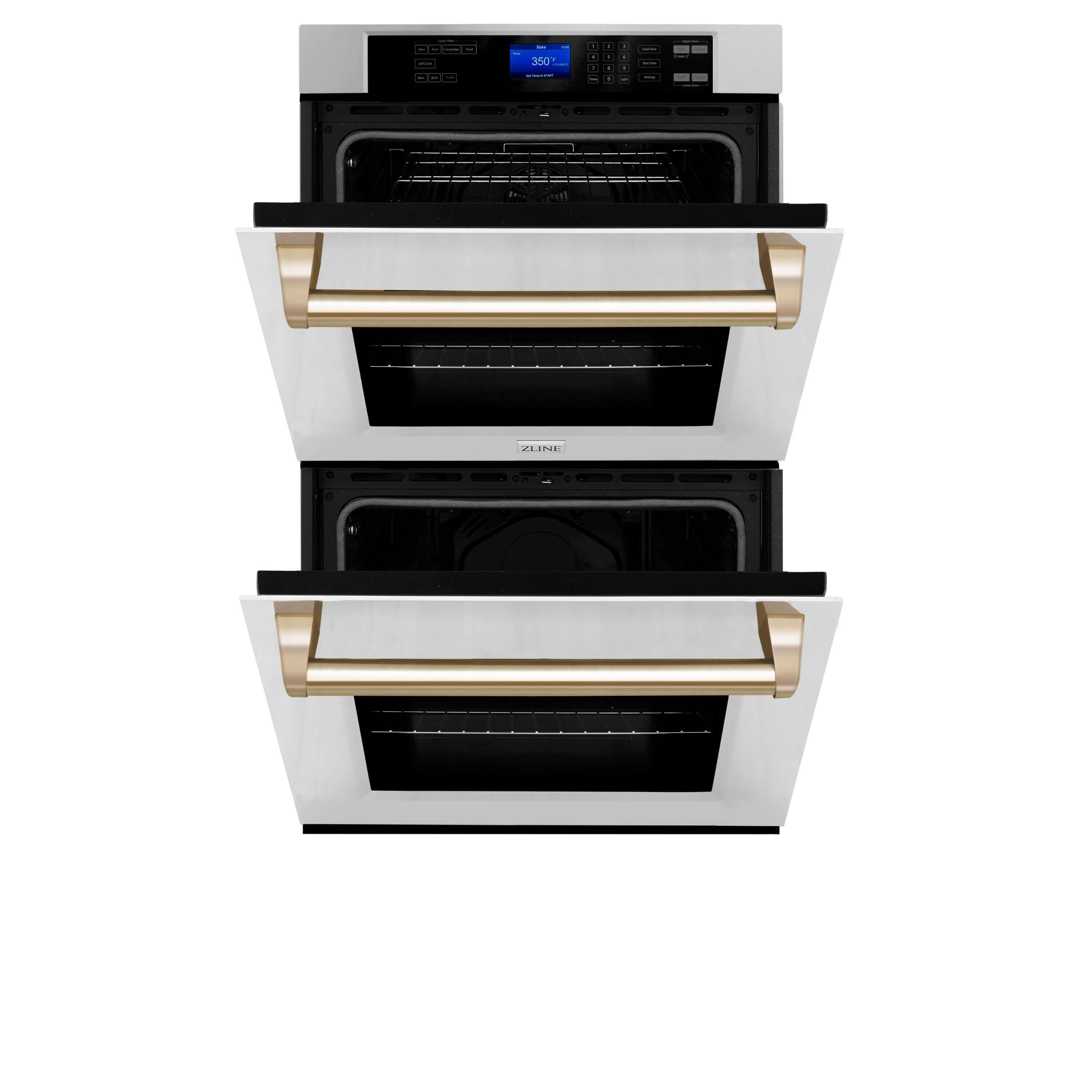 ZLINE Autograph Edition 30 in. Electric Double Wall Oven with Self Clean and True Convection in Stainless Steel and Polished Gold Accents (AWDZ-30-G) front, oven half open.