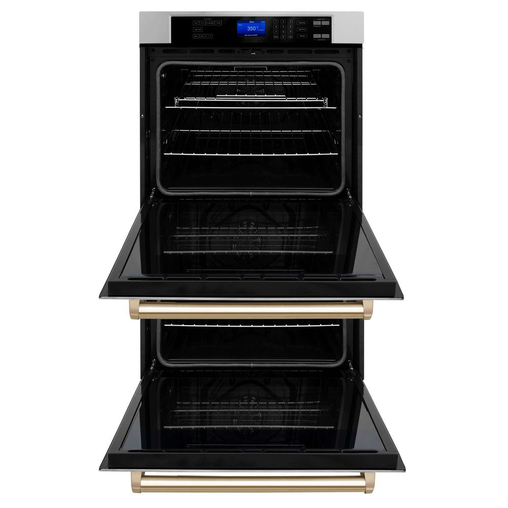ZLINE Autograph Edition 30 in. Electric Double Wall Oven with Self Clean and True Convection in Stainless Steel and Polished Gold Accents (AWDZ-30-G) front, oven open.