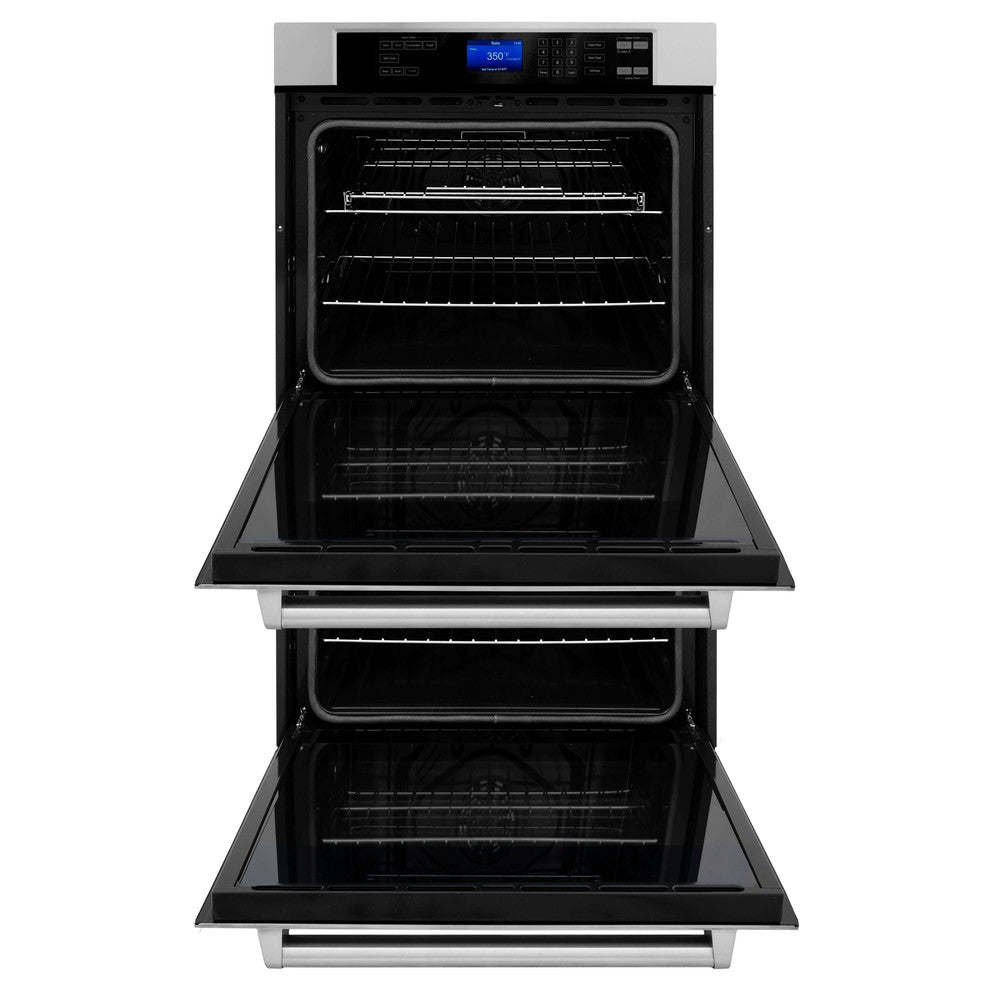ZLINE 30 in. Professional Electric Double Wall Oven with Self Clean and True Convection in Stainless Steel (AWD-30) front, oven open.