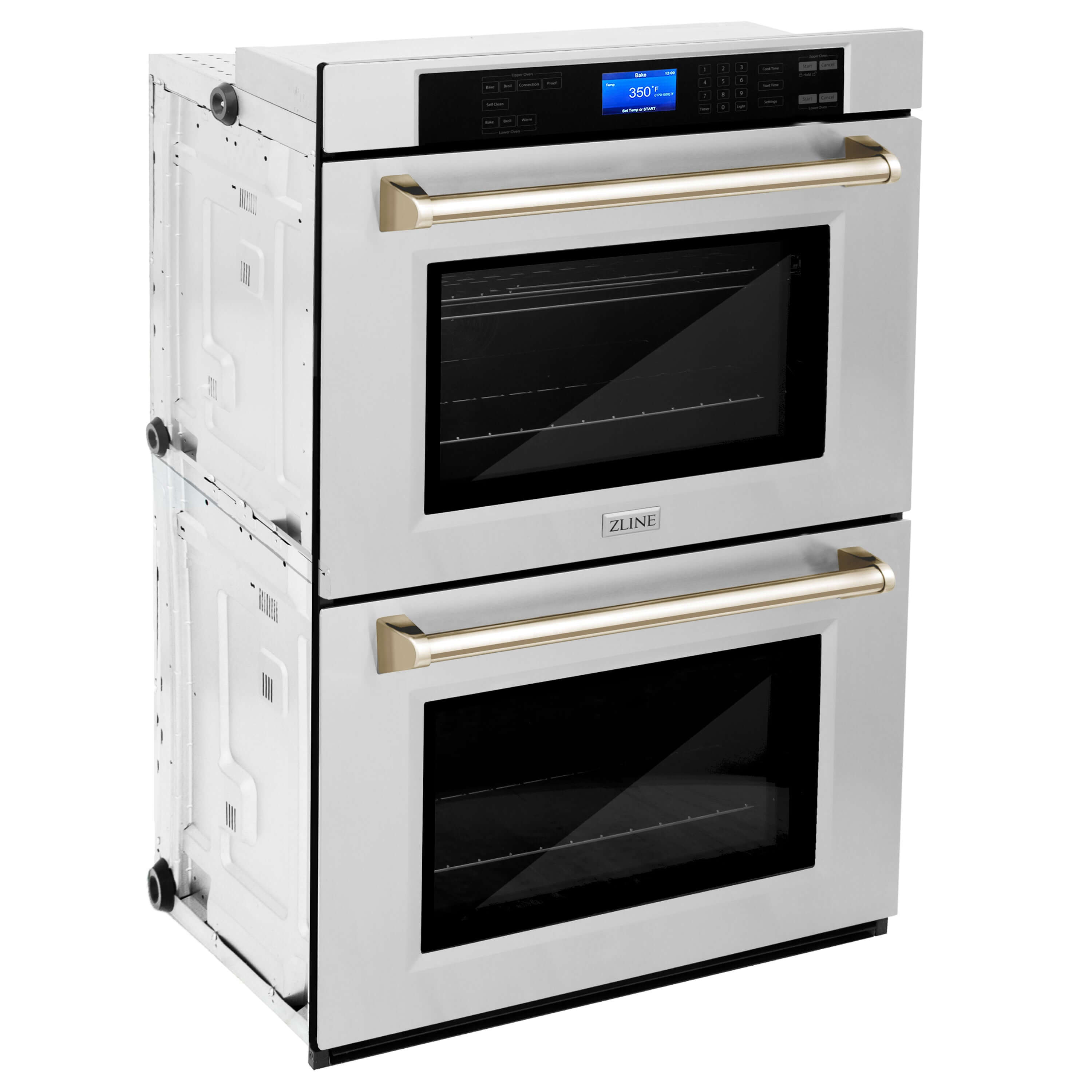 ZLINE Autograph Edition 30 in. Electric Double Wall Oven with Self Clean and True Convection in Stainless Steel and Polished Gold Accents (AWDZ-30-G) side, oven closed.