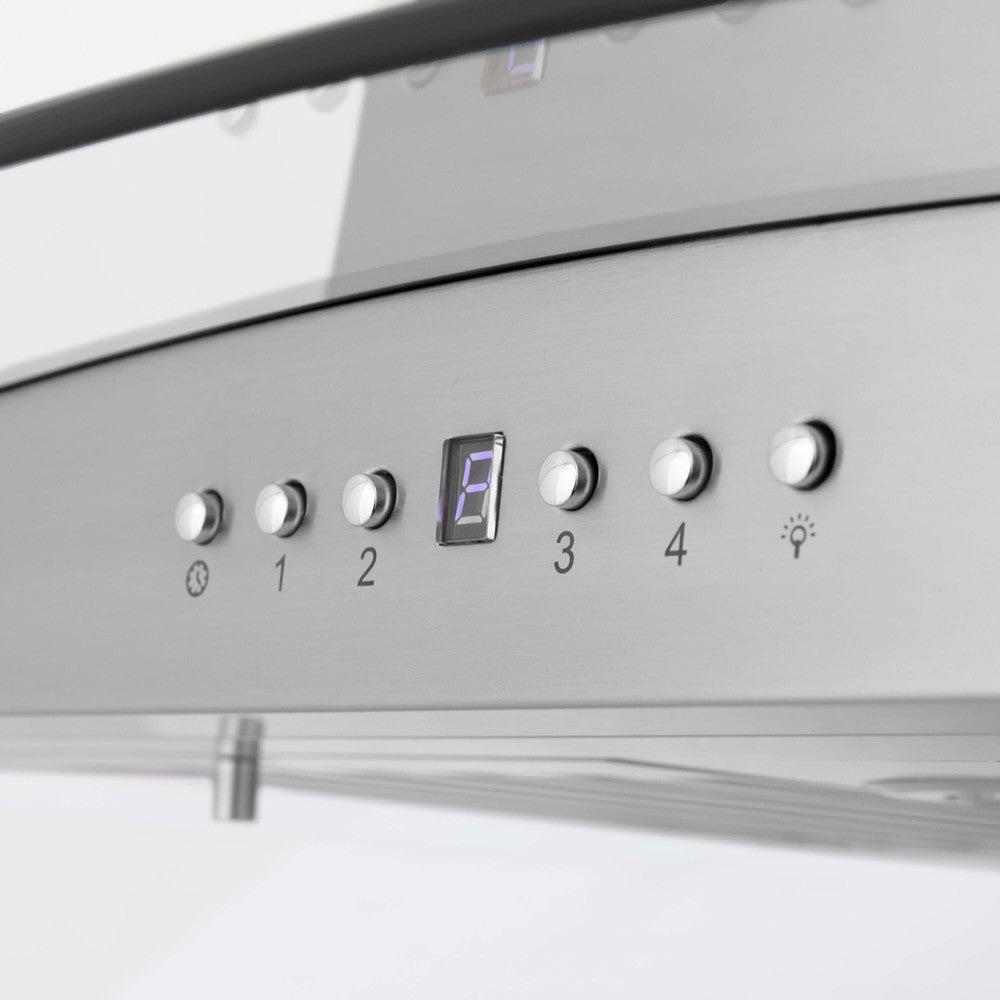 ZLINE Island Mount Range Hood in Stainless Steel and Glass (GL5i) fan and lighting control buttons.