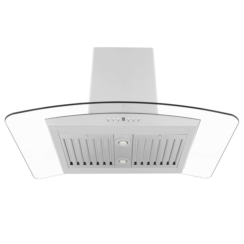 ZLINE Island Mount Range Hood in Stainless Steel and Glass (GL5i) front, under.