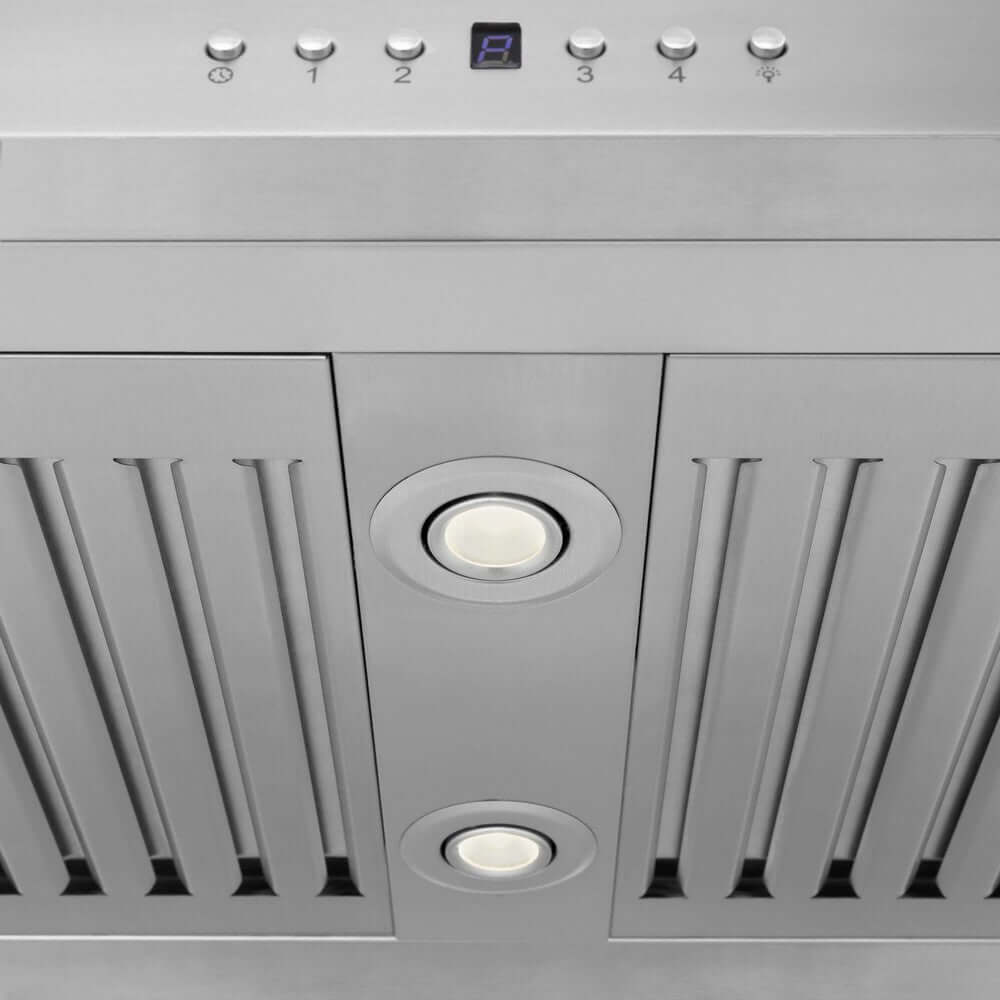 ZLINE Island Mount Range Hood in Stainless Steel and Glass (GL5i) built-in LED light close-up.