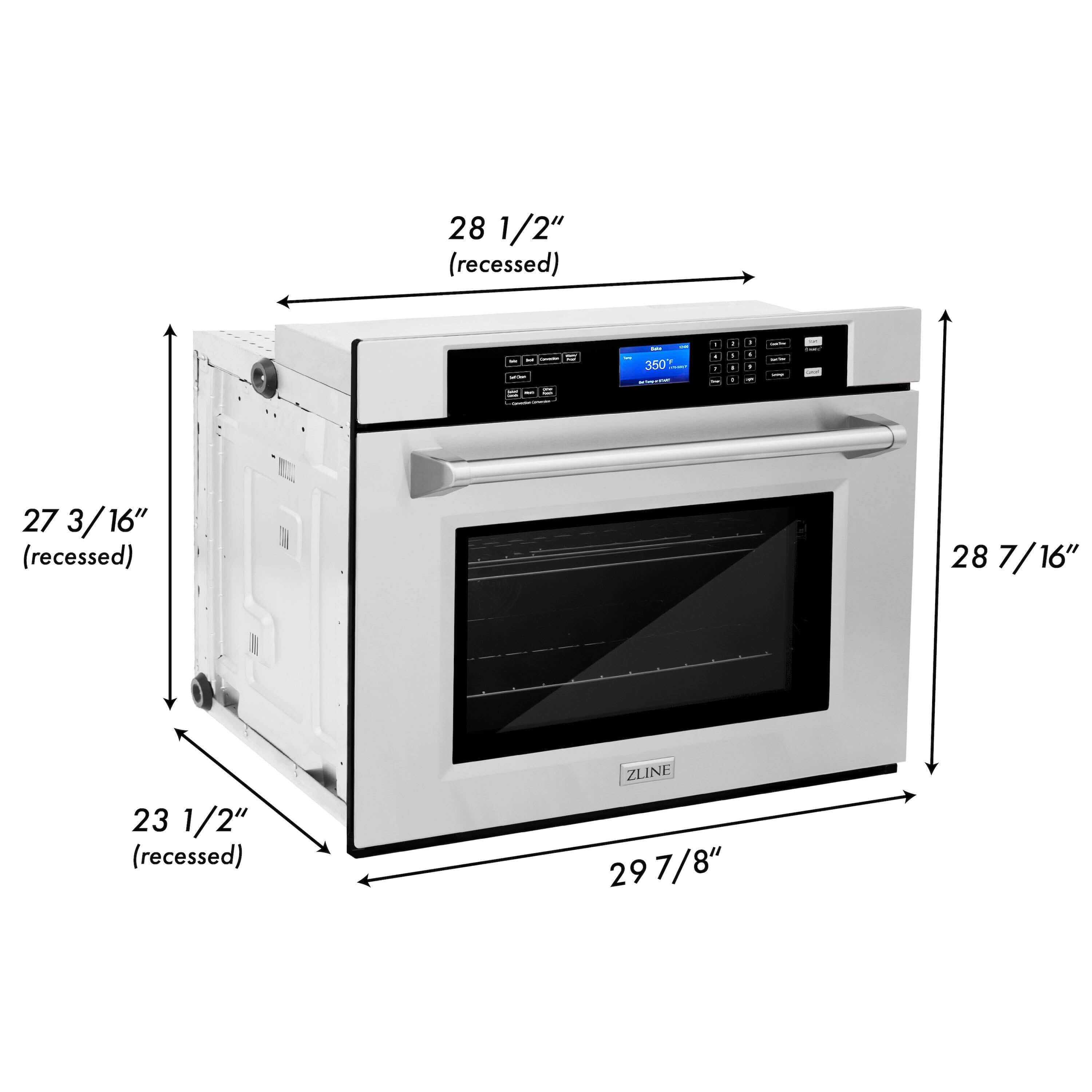 ZLINE Kitchen Package with Refrigeration, 30 in. Stainless Steel Rangetop, 30 in. Range Hood, 30 in. Single Wall Oven and 24 in. Tall Tub Dishwasher (5KPR-RTRH30-AWSDWV) dimensional diagram with measurements.