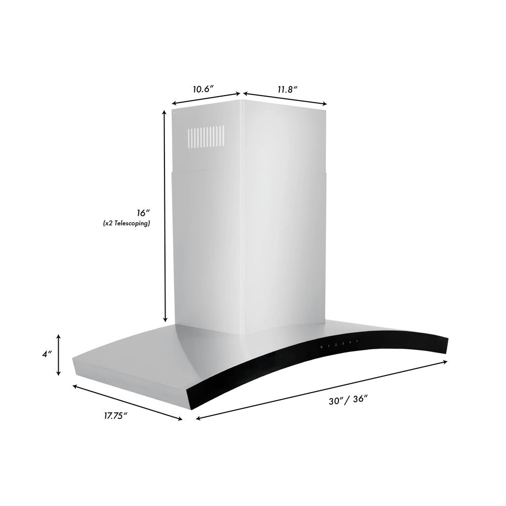 ZLINE Wall Mount Range Hood in Stainless Steel (KN6) dimensional diagram and measurements.