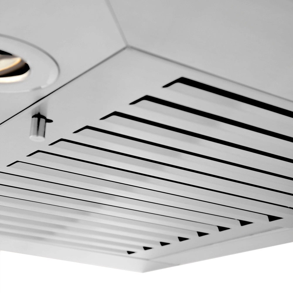 ZLINE Convertible Vent Wall Mount Range Hood in Stainless Steel (KB) close-up, dishwasher-safe stainless steel baffle filters.