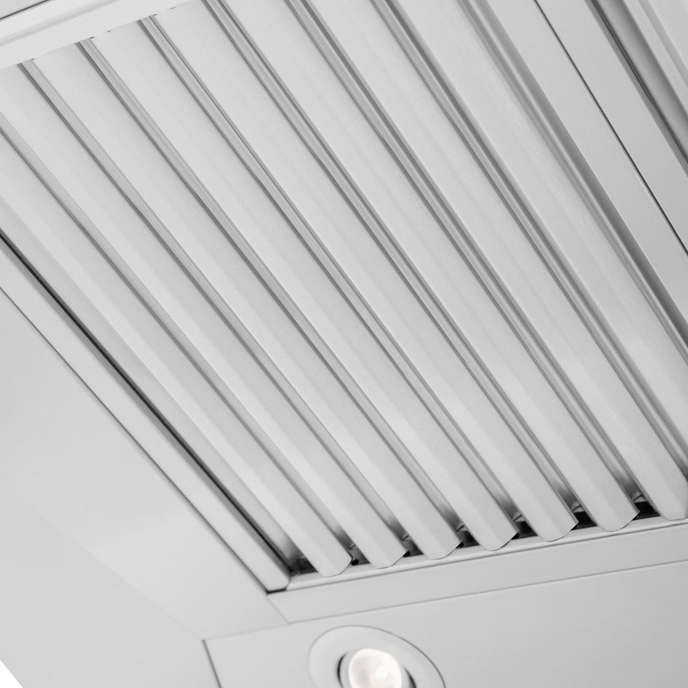 ZLINE Convertible Professional Wall Mount Range Hood in Stainless Steel (KECOM) close-up, dishwasher-safe stainless steel baffle filters.