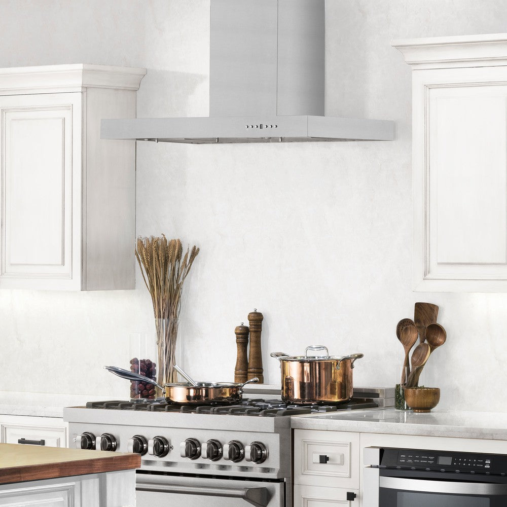 ZLINE KE low-profile wall mount range hood in a farmhouse kitchen with white cabinets