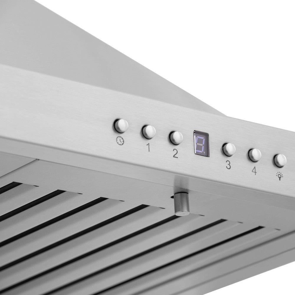 ZLINE Convertible Vent Outdoor Approved Wall Mount Range Hood in Stainless Steel (KB-304) fan and lighting control buttons.
