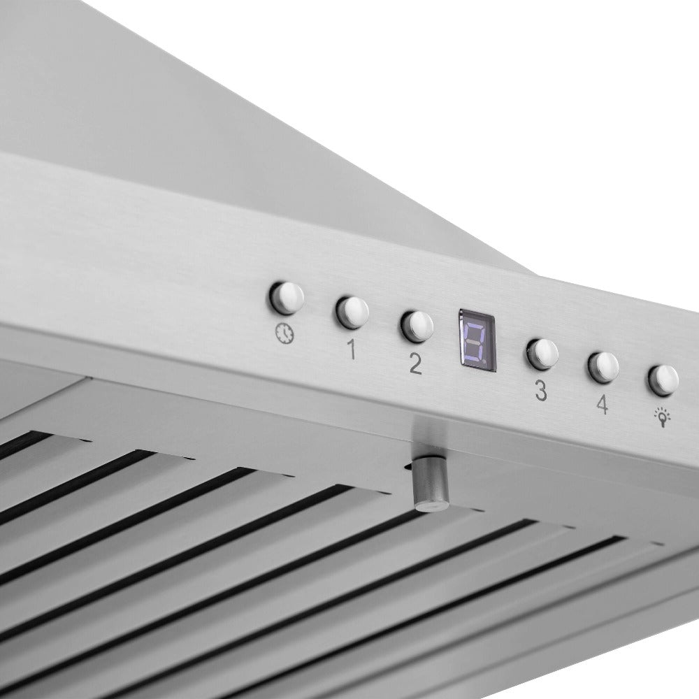 ZLINE 24 in. Recirculating Wall Mount Range Hood with Charcoal Filters in Stainless Steel (KB-CF-24) fan and lighting control buttons.