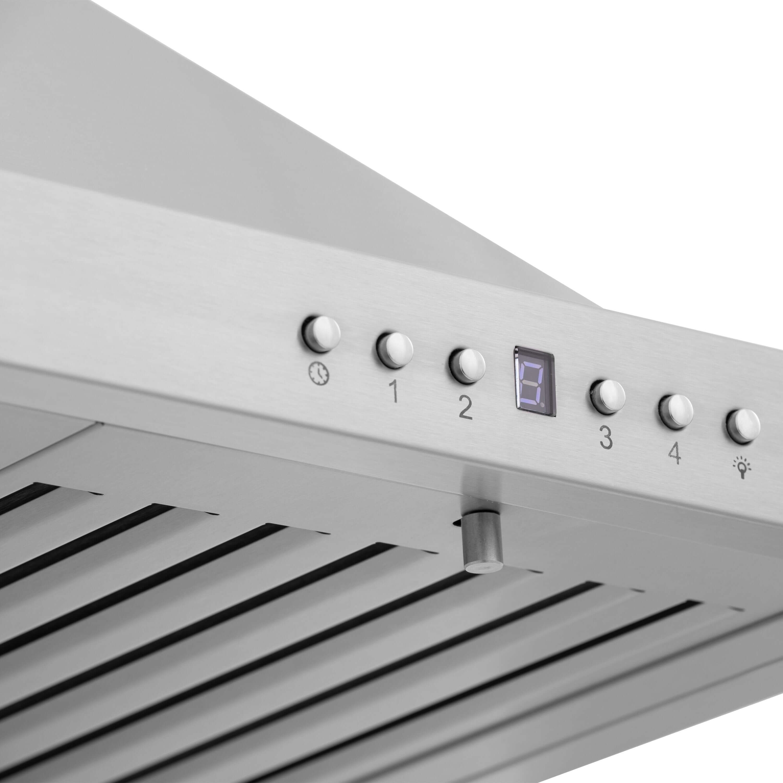 ZLINE 48 in. Recirculating Wall Mount Range Hood with Charcoal Filters in Stainless Steel (KB-CF-48) fan and lighting control buttons.