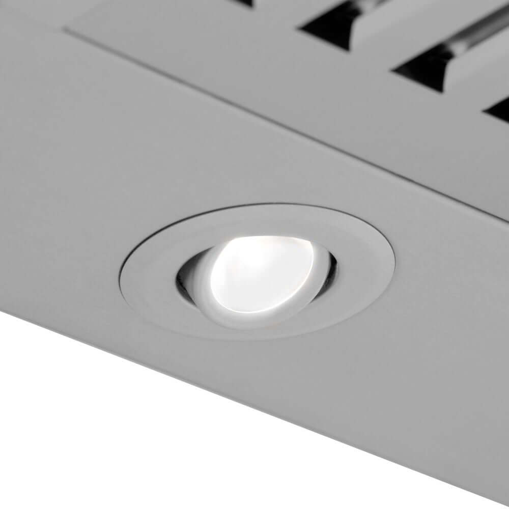 ZLINE Convertible Vent Outdoor Approved Wall Mount Range Hood in Stainless Steel (KB-304) built-in LED light close-up.