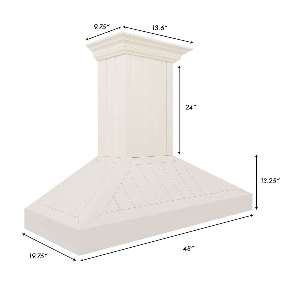 ZLINE Wooden Wall Mount Range Hood in Cottage White - Includes Motor (KPTT) dimensional diagram and measurements.
