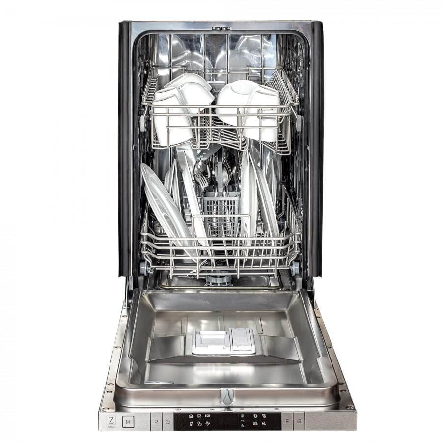 ZLINE 18 in. Compact Stainless Steel Top Control Built-In Dishwasher with Stainless Steel Tub and Modern Style Handle, 52dBa (DW-304-18) front, open.