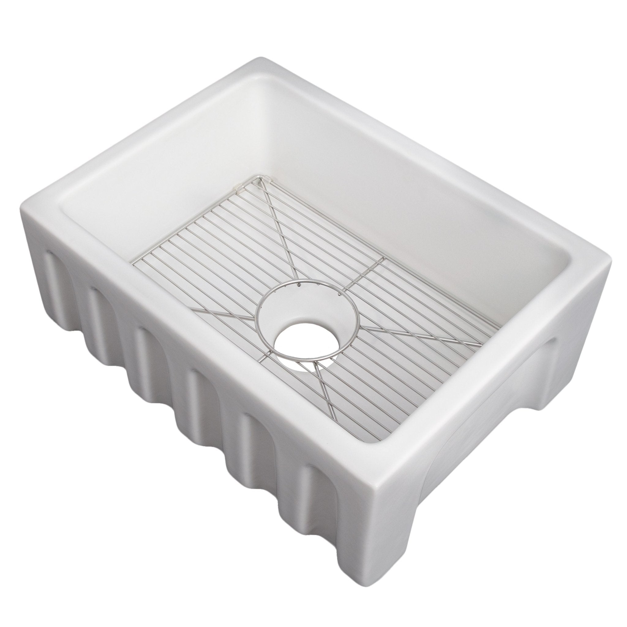 ZLINE 24 in. Venice Farmhouse Apron Front Reversible Single Bowl Fireclay Kitchen Sink with Bottom Grid (FRC5120) White Matte