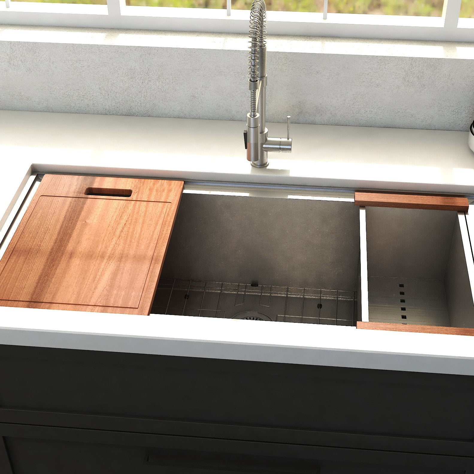 ZLINE 33 in. Garmisch Undermount Single Bowl Kitchen Sink with Bottom Grid and Accessories (SLS-33) installed in modern kitchen