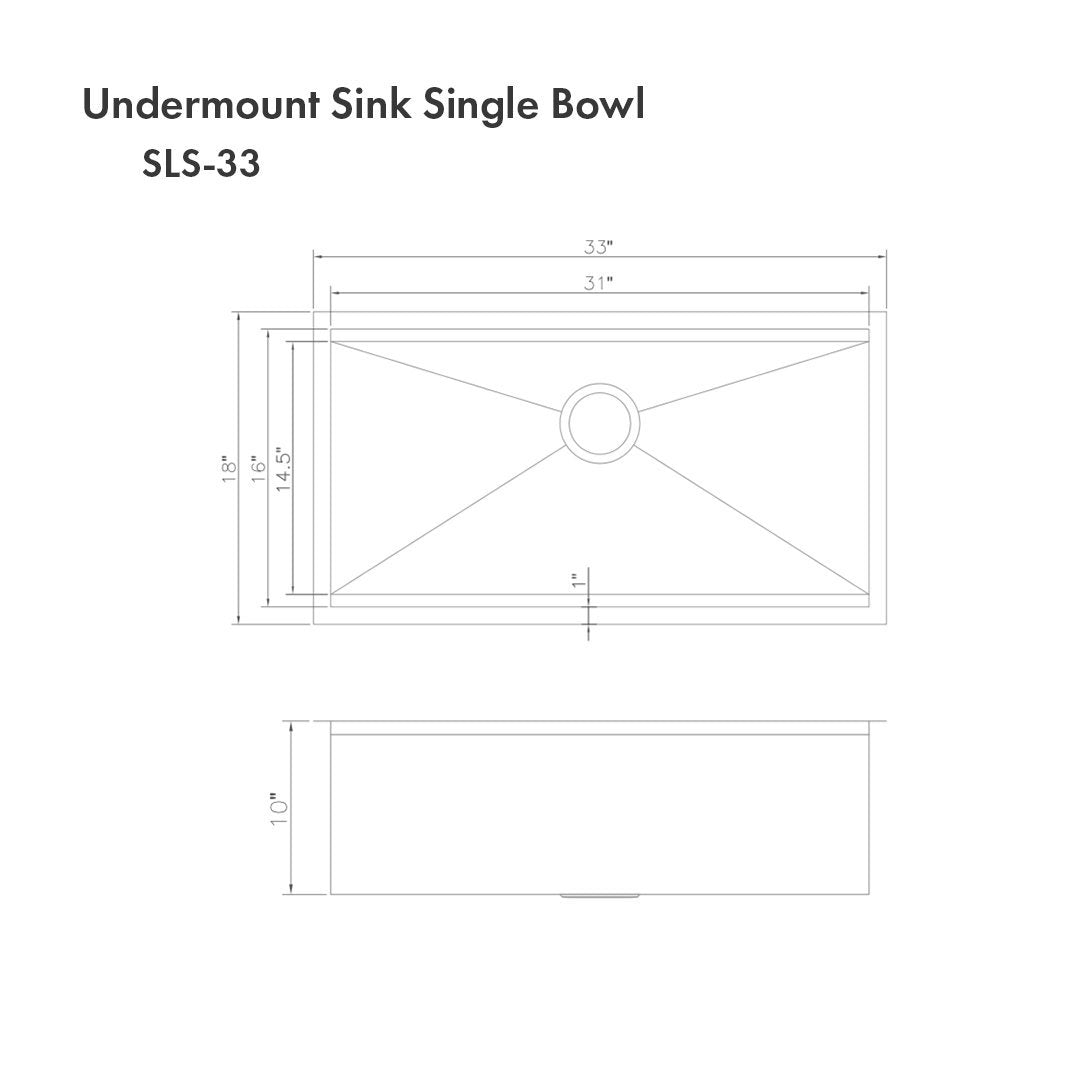 ZLINE 33 in. Garmisch Undermount Single Bowl Kitchen Sink with Bottom Grid and Accessories (SLS-33) Measurements and Dimensions
