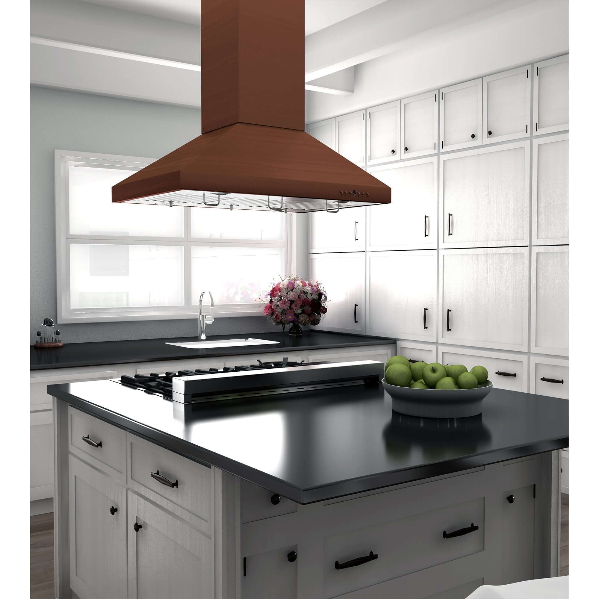 ZLINE 36 in. Designer Series Copper Island Mount Range Hood (8KL3iC-36) rendering in a modern kitchen opposite angle.
