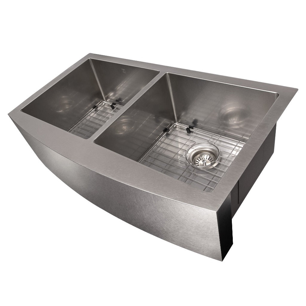 ZLINE 36 in. Niseko Farmhouse Apron Mount Double Bowl Kitchen Sink with Bottom Grid (SA50D) DuraSnow® Stainless Steel