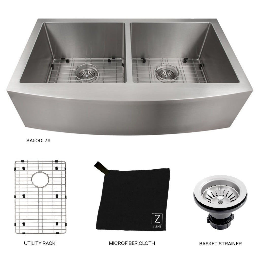 ZLINE 36 in. Niseko Farmhouse Apron Mount Double Bowl Kitchen Sink with Bottom Grid (SA50D) 