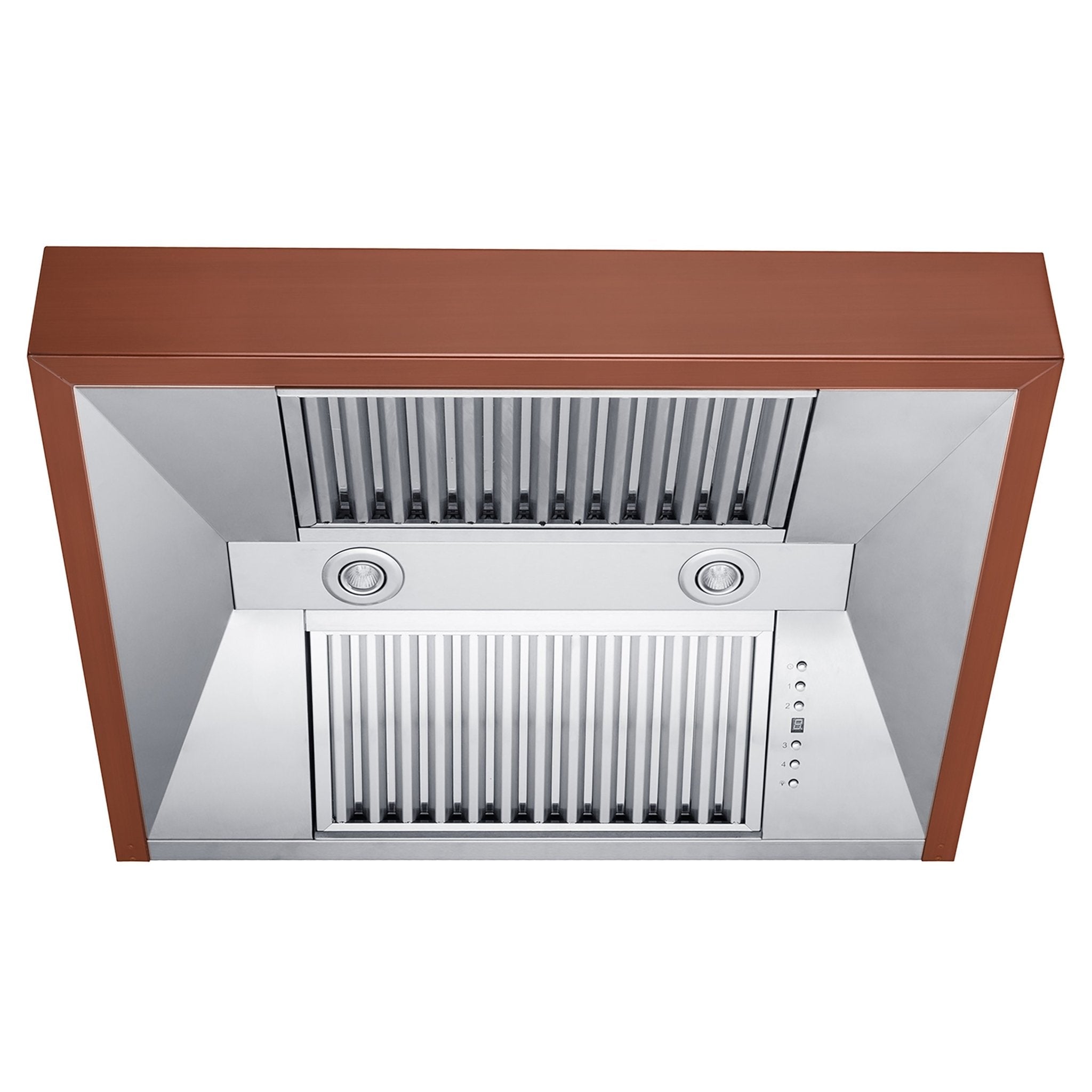 ZLINE Designer Series Under Cabinet Range Hood (8685C) under showing baffle filters, LED lighting, and button panel.
