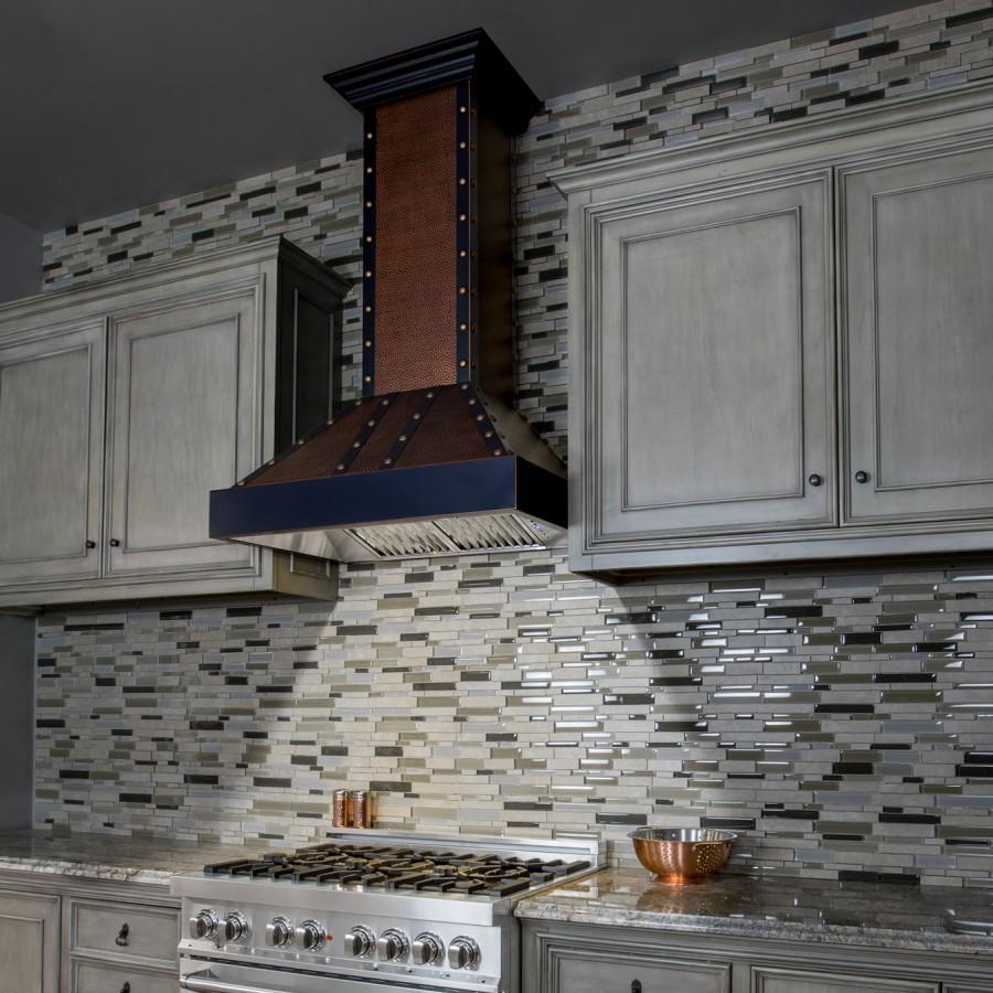 ZLINE Kitchen and Bath, ZLINE Designer Series Wall Mount Range Hood (655-HBBBB), in kitchen with LED Lighting Activated