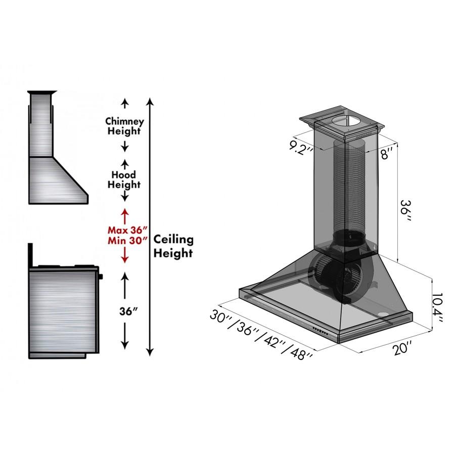 ZLINE Designer Series Oil-Rubbed Bronze Wall Mount Range Hood (8KBB) dimensions and chimney height guide.