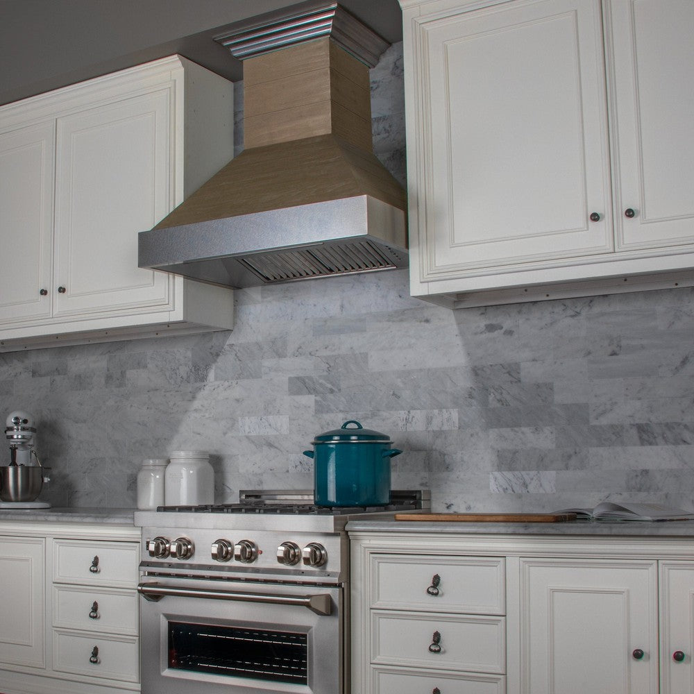 ZLINE Shiplap Wooden Wall Range Hood with Stainless Steel Accents (365YY) in a farmhouse-style kitchen from side.