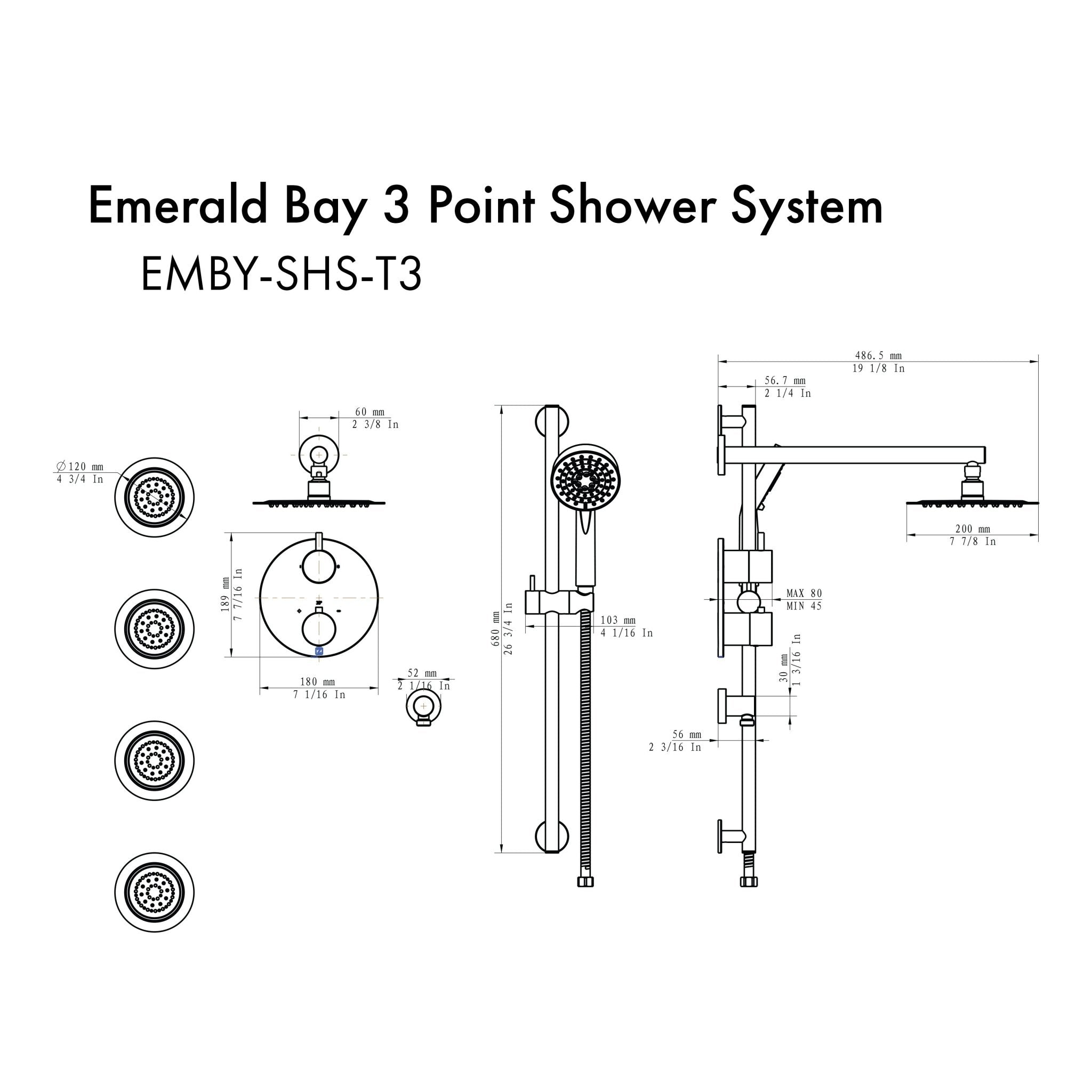 ZLINE Emerald Bay Thermostatic Shower System with Body Jets (EMBY-SHS-T3) dimensional diagram