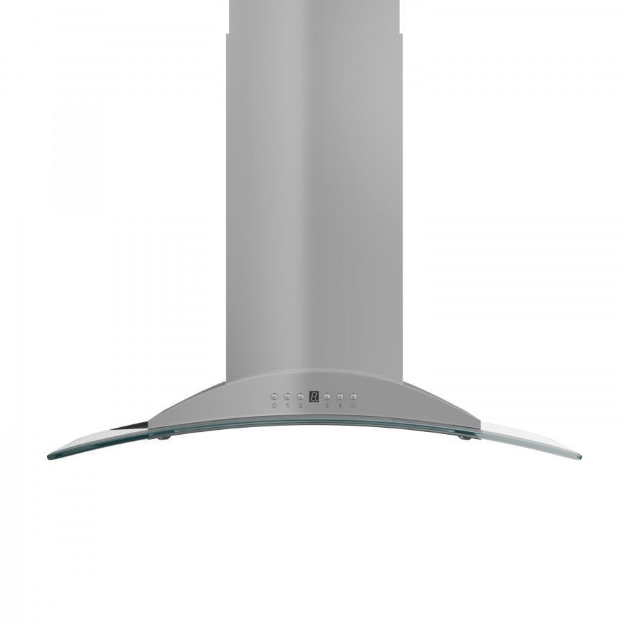 ZLINE Convertible Vent Island Mount Range Hood in Stainless Steel and Glass (GL9i) front with chimney extension.